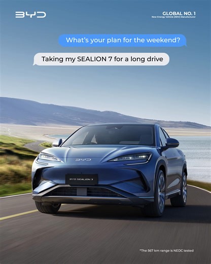 Weekend Adventures with the BYD SEALION 7: With an impressive long range of 567 km, the BYD SEALION 7 turns every drive into an adventure worth enjoying! #BYD #SEALION7 #BYDIndia #WeekendAdventures | BYD INDIA Private Limited