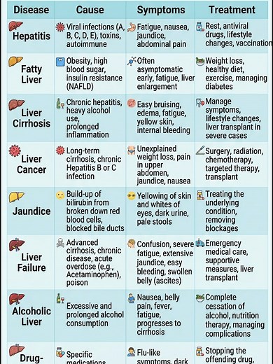The 8 Most Dangerous Liver Conditions Explained Liver diseases types, causes, symptoms, and treatment everything you need to know in one complete guide. This chart covers 8 major liver disease types, causes symptoms and treatment, including Hepatitis, Fatty Liver, Liver Cirrhosis, Liver Cancer, Jaundice, Liver Failure, Alcoholic Liver, and Drug-Induced Liver Disease. Liver disease types, causes, symptoms, and treatment explained simply: ▸ Hepatitis viral infections, fatigue, jaundice, antiviral