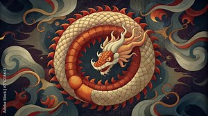 A mesmerizing mosaic pattern inspired by the Chinese legend of the Dragon and the Pearl with swirling motifs and shades of red and gold.