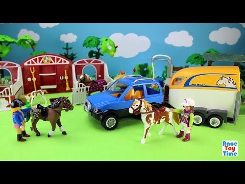 Playmobil Horse Trailer and Paddock Stable Barn Playset - Fun Animal Toys Video For Kids