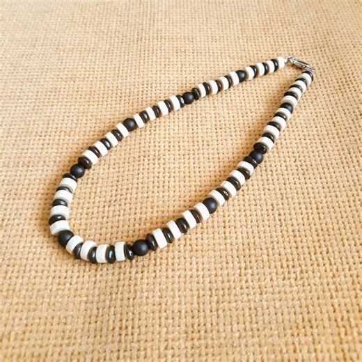 Black Onyx & Wooden Bead Necklace, Unisex Jewelry - Etsy