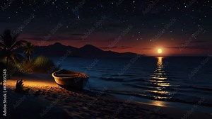 Boat on the beach in the night wallpaper background landscape boating wallpaper with dreamy look, 4K High-Quality animation video