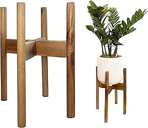 Wood Plant Stand Modern to Mid Century Indoor and Outdoor Plant Stand and Rattan Plant Stand for Flower Pots, Adjustable Plant Holder Fits 8 9 10 11 to 12 Inch Planter Stands