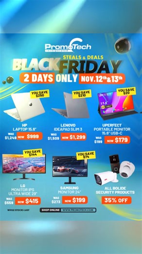 Black Friday is BACK with even more amazing deals! 🖤 Two days of jaw-dropping savings you won’t want to miss. Grab your tech must-haves before they’re gone — sale ends November 13th! 🖥️ Shop online at www.promotech.com or visit us at one of our four locations: Promotech Sheraton Mall Promotech Dome Mall Promotech Six Roads Promotech Wildey #Promotech #BlackFriday #TechDeals #PromotechDeals | Promotech