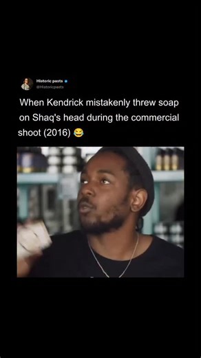 Historic pasts | Facts on Instagram: "During the filming of a commercial shoot, an unexpected moment between Kendrick Lamar and Shaquille O’Neal had everyone on set cracking up. Kendrick, who was filming a scene involving a basketball locker room and a bar of soap, accidentally launched it across the room while gesturing — only for it to land squarely on Shaq’s bald head. The seven-foot legend looked stunned for a second before bursting into laughter, towering over Kendrick with a playful grin. 