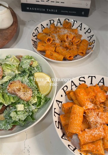 When in doubt make vodka pasta with spicy Italian sausage & caesar salad 🍝🥬 #vodkapasta #foodtok #dinnerideas #easymeals #pastatiktok @Cento @De Cecco @Tito's Handmade Vodka @Clover Sonoma @Ken’s Steak House Dressings
