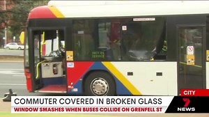 A commuter has been covered in shattered glass after the bus he was in collided with another one on Grenfell Street. Download the 7NEWS app: 7news.link/7newsapp #7NEWS | 7NEWS Adelaide