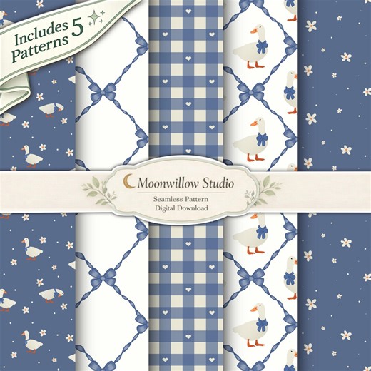 Blue Goose Pattern Bundle, Seamless Digital Paper Pack, Coquette Goose Prints, Blue Bow Gingham, Cute Floral Scrapbook Paper, 5 Patterns - Etsy