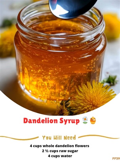 Dandelion 🏝 Syrup 🌼🍯 Ingredients: - 4 cups whole dandelion flowers 🌼 - 2 ½ cups raw sugar (white sugar works too) 🍬 - 4 cups water 💧 - 2 tablespoons fresh lemon juice 🍋 Instructions: ..... Full Recipe in Coʍmеոτ 💬 🤖 | Homemade Flavors