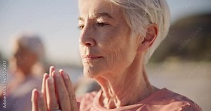 Beach yoga class, face or senior woman doing exercise, wellness breathing and learning mindfulness workout in nature. Freedom, relax or elderly person pose, morning fitness and coach teaching pilates Stock Video