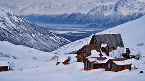 Snow covered cabins in Hatcher Pass, Alaska