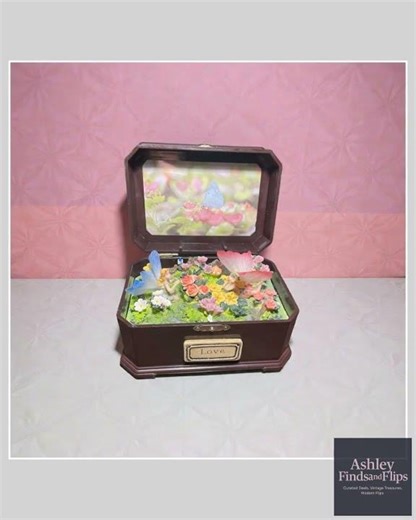 Fairy Garden “Love” Music Box / Keepsake Box – Floral Butterfly Scene – As-Is for Repair