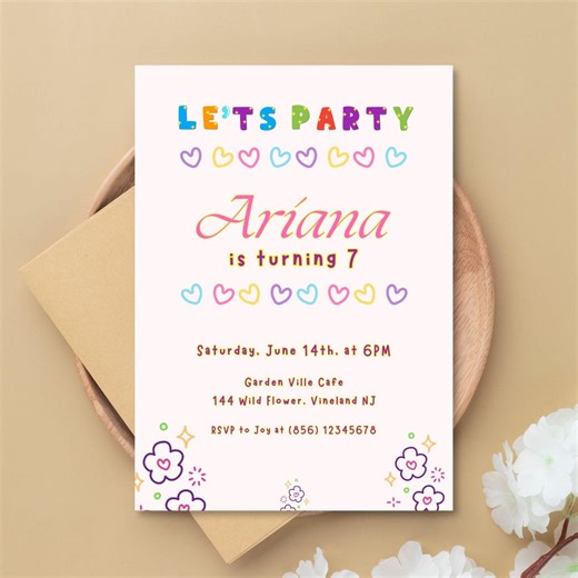Rainbow Hearts Birthday Invitation, Editable Kids Party Template (digital & Print) - Etsy