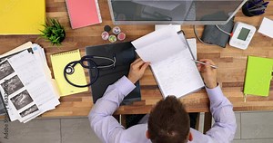 Doctor male internist cardiologist filling out medical form in clinic. Medic writes personal information