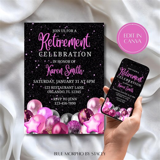 Pink Retirement Party Invitation | Glitter Balloons, Editable Template (digital Download) - Etsy