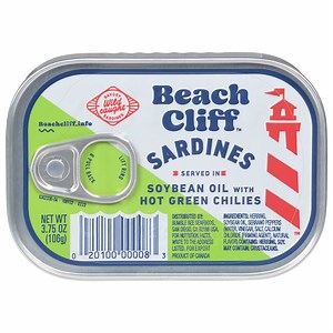 Beach Cliff Wild Caught Sardines in Soybean Oil with Hot Green Chilies, Gluten Free, 17g Protein Per Serving, Shelf Stable Tin Can, 3.75 oz