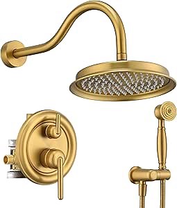 Antique Rainfall Shower System Bathroom Luxury Rain Mixer Shower Faucet Set with Pressure Balance Valve, Shower Combo Set with Rain Shower Head and Vintage Handheld Spray 9 inch Brushed Gold