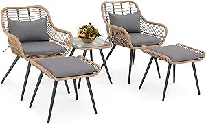 Verano Garden 5 Pieces Outdoor Furniture Sets, Patio Conversation Set W/Coffee Table Ottomans, Outdoor Wicker Bistro Sets, Balcony Furniture for Porch, Backyard, Deck, Poolside