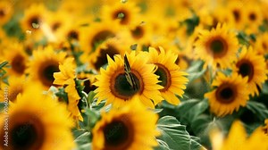 sunflower field with butterfly, spring season concept nature landscape video looping seamless for live wallpaper