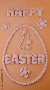A festive 3d animation of a delicate surface on which a drawing swells: the text Happy Easter and an Easter egg with an Easter bunny and flowers. Vertical orientation. Stock Video