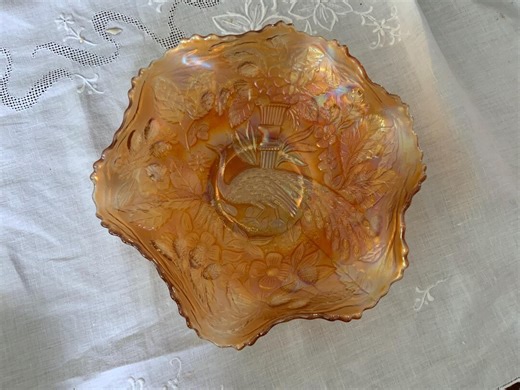 Fenton Carnival Glass Bowl: Peacock & Urn Pattern, Ruffled Edge, Marigold Iridescent - Etsy