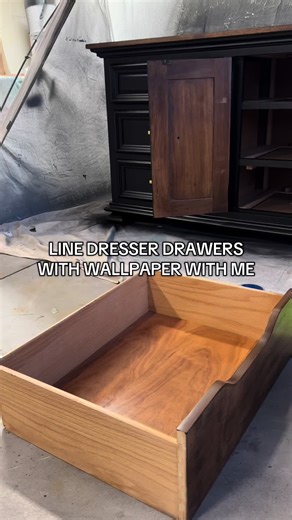 Drawer liner tutorial! I find making a template helps so much. Save & follow for more furniture flipping tips! You can find all these tools in my Amazon store front linked in my bio. #furniture #paintedfurniture #flippingfurniture #wallpaper #fyp