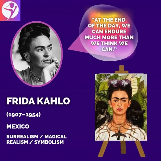 Frida Kahlo (1907–1954) was a Mexican artist known for her powerful self-portraits and bold use of color. Her work blends surrealism, magical realism, and symbolism to explore identity, pain, and resilience. Kahlo’s art continues to inspire artists around the world with its honesty and emotional depth. Fun fact: she often included personal symbols and elements from Mexican folk art in her paintings, and she loved listening to ranchera music. #FridaKahlo #Art #Surrealism #MagicalRealism #Symbolis