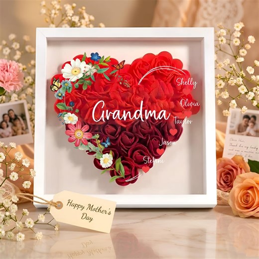 Personalized Rose Heart Shadow Box Frame - Custom Grandma Heart With Kids Names, Floral Keepsake for Mom Nana - Etsy