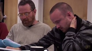 Aaron Paul gets emotional with Bryan Cranston during the table read of BREAKING BAD's "Blood Money" episode. | Film Geek Guy