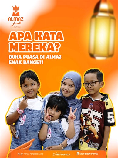 Buka puasa jadi makin hangat saat dinikmati bersama keluarga. Apalagi kalau anak-anak sudah bilang ayamnya enak berarti memang pilihan yang tepat! ❤️ Di Almaz Fried Chicken, momen berbuka bukan cuma soal makanan, tapi juga kebersamaan dan senyum anak-anak yang menikmati setiap gigitan. 🍗✨ Yuk ajak keluarga buka puasa di Almaz hari ini! Tag keluarga atau teman yang mau kamu ajak buka puasa di Almaz! 👇 #MendingKeAlmaz #BukberPangkalpinang #KulinerBangka #TempatSahurPangkalpinang #almazpangkalpin