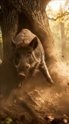 Wild Boar Bursts Out of Tree Hole!