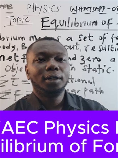 ⚡ JAMB/WAEC Physics Series – Equilibrium of Forces (Calculations Made Easy!) Struggling with Equilibrium of Forces in Physics? This lesson breaks down all the calculations, principles, Lami’s theorem, components of forces, tension, reaction, and real exam-style questions you must master for JAMB, WAEC & NECO. Perfect for students targeting A1 in WAEC Physics and 300 in JAMB Physics. Learn the formulas, solve questions faster, and avoid mistakes that cost marks in the exam! 🎯 What you’ll learn: 