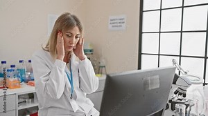 Middle age blonde scientist woman in uniform, stunned with open-mouthed amazement, fear and disbelief at lab discovery
