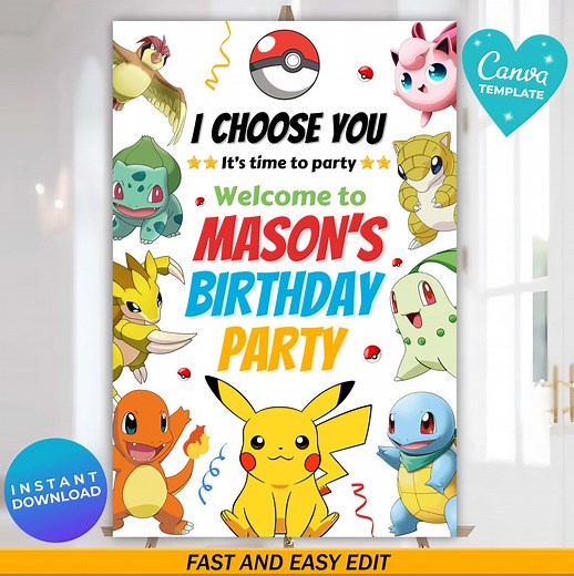 Editable Pokemon Birthday Welcome Sign Template, Pikachu Sign Board, Printable Welcome Board, Poke Birthday Welcome Board, Canva Template - Etsy