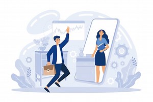 Premium Vector | Worker using computer for collective virtual meeting and group video conference. Man at desktop