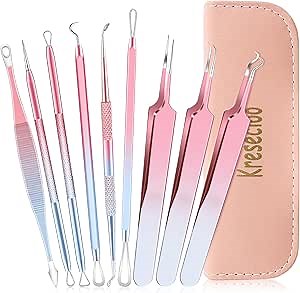 9 PCS Blackhead Remover Tools, Pimple Popper Tool Kit, Acne Tools Extractor Kit Professional for Nose Face, Blemish Whitehead Zit Popping Tool with Portable Leather Bag(Pink)