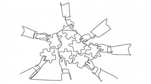 Animated self drawing of continuous line draw male female business team members unite puzzle pieces together to one as team building symbol. Employee teamwork concept. Full length one line animation.