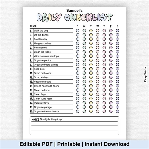 Daily Checklist, Chore Chart, Daily Weekly Responsibility Chart, Family Chores, Daily Routine Checklist, Chore Chart, Teen Kid Chores, PDF - Etsy