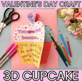 3D Pop-Up Cupcake Valentine's Day Card Craft, Writing Activities, Coloring Pages