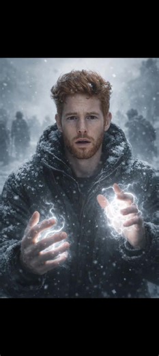 Prompt: “Ultra-realistic cinematic portrait of a young man standing in a snowy, war-torn battlefield, facing the camera. He wears a dark green winter jacket covered with snow. His expression is shocked and emotional, eyes slightly wet, lips parted. Both hands are raised in front of him — one near his chest, the other lower — glowing with bright white mystical energy swirling around his fingers. Cold foggy background, blurred ruined figures behind him, dramatic moody lighting, shallow depth of fi