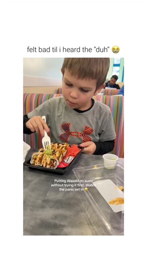 Meme | Culture 😂🔌 on Instagram: "This video captures a culinary learning moment involving a child’s first encounter with a highly pungent condiment. The Subject A young boy is seen dining on sushi, applying a substantial amount of wasabi—a potent Japanese horseradish—to his meal before consumption. The Mechanism Upon ingestion, the pungent compounds in the wasabi trigger a sharp sensation in the nasal passages. This leads to a rapid physiological "panic" response, characterized by wide eyes an