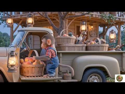 Baby Monkey Drives Harvest Truck to Pick Sweet Peaches in the Sunny Orchard