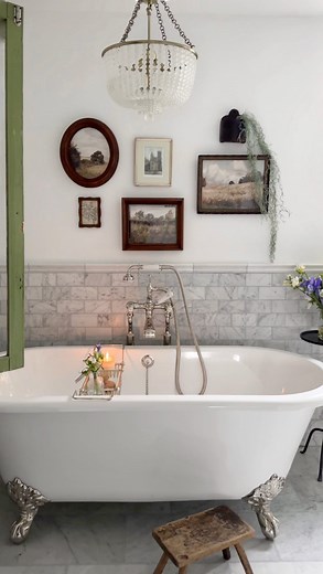 101K views · 221 reactions | Bath tub reveal 凉 From a pink 80’s corner tub surrounded by mirrors to a clawfoot tub. It’s a dream come true. I’m not quite down yet as I’ve yet to refinish the thrifted hutch- I’m waiting for warmer weather. And I’m debating between a Roman clay or limewash finish in here to soften the cool marble. What do you think? #primarybathroom #bathroomremodel #clawfoottub | Thekwendyhome | Facebook