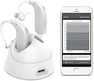 Bluetooth Hearing Aids for Seniors Rechargeable with 3 Noise Cancelling Program, Earrck Self-Fitting Hearing Aid with Smart APP Control and Hand-free Phone Call, Adjustable Frequency (White)