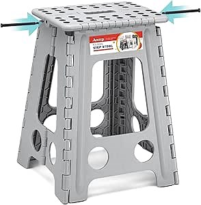 ACSTEP Folding Step Stool 17.5 Inch Heavy Duty Step Stool Foldable for Adults and Kids, Collapsible Stepping Stool with Handle, Non Slip Folding Stools for Kitchen Hold Up to 400lbs (Grey 1PC)