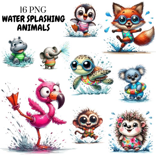 16 Water Splashing Animals Clipart Bundle - Cute Wet Animals - Watercolor Animal Splash PNG | Digital Download | Commercial Use - Etsy