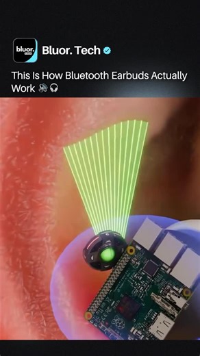 Bluor. Tech on Instagram: "Bluetooth earbuds use optical sensors to detect your skin and instantly wake up the internal chip for connection 🎧⚡ This smart chip links to your phone and grabs audio files as streams of digital binary code flying wirelessly through the air. The processor inside the bud quickly turns that complex code into electrical signals that vibrate the speakers to create physical sound waves. These vibrations hit your eardrums and travel to your brain where they are finally pro