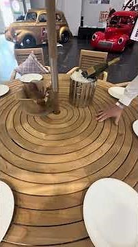 Teak round swirl table 8 stacking chairs