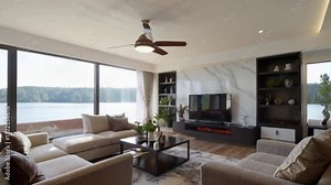 A modern lakeside living room with large windows framing a scenic water view, featuring warm, inviting decor.