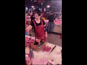 POV Female Butcher Cutting Pork — Real-Time Chinese Meat Market Skills